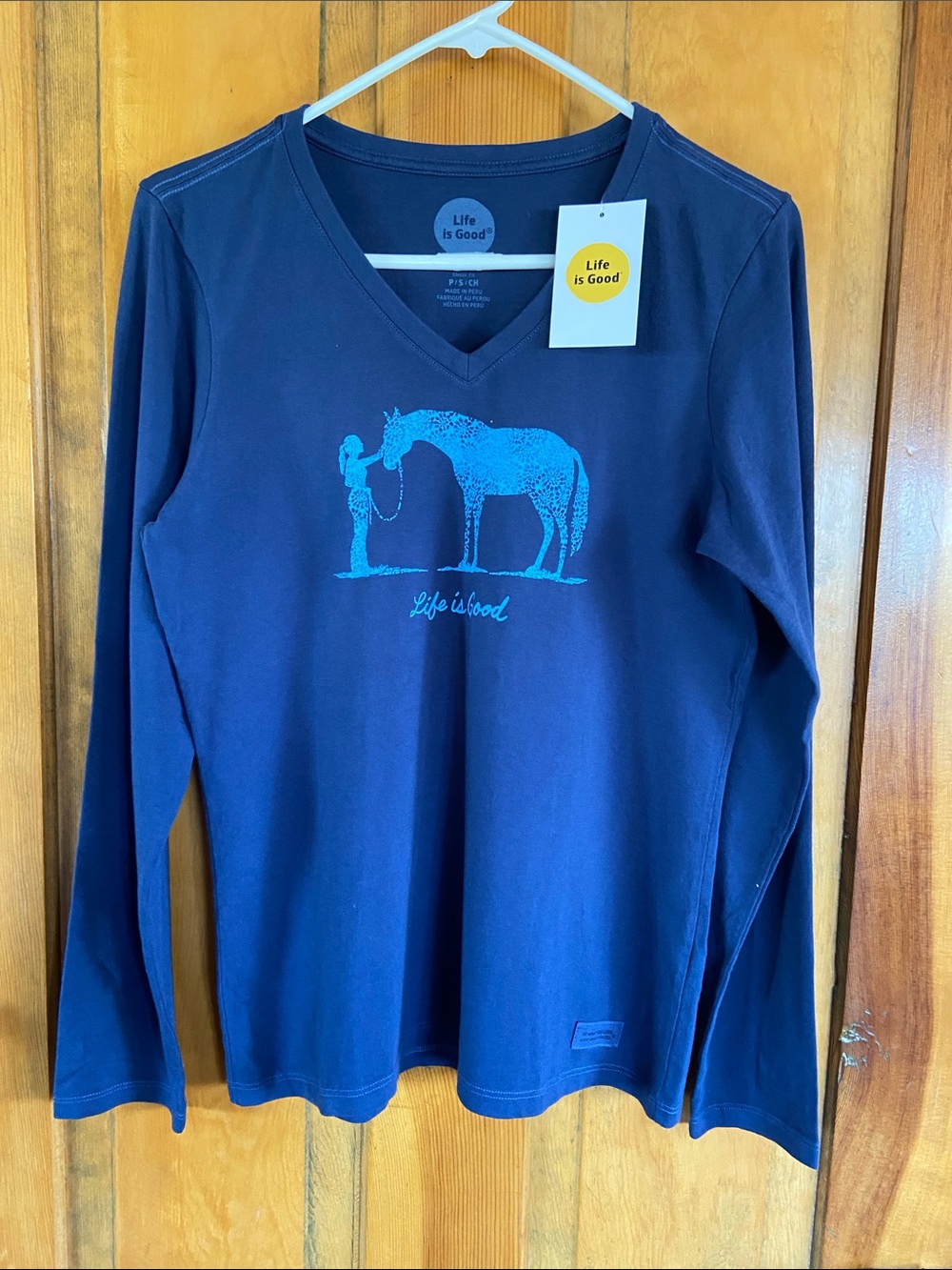 Life Is Good Navy Long Sleeve V‑Neck Tee with Sky Blue Horse Graphic